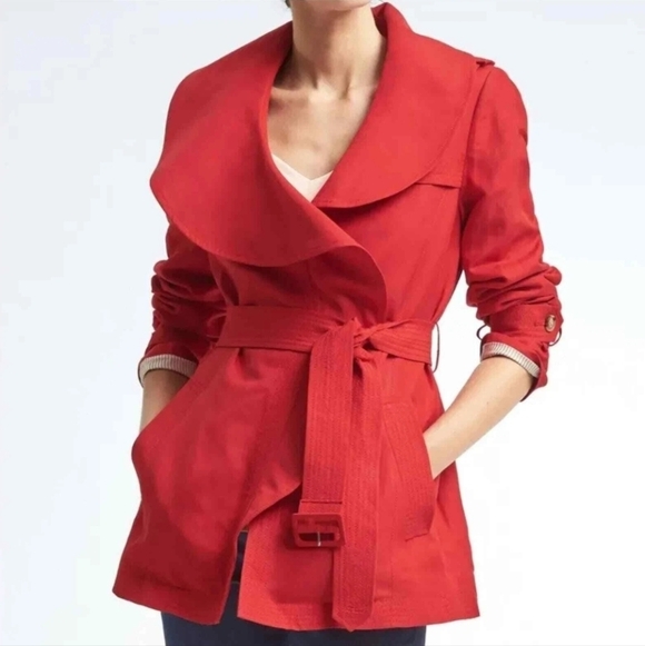Banana Republic Jackets & Blazers - Banana Republic Linen Red Jacket Trench Womens Large Ruffle Collar Belted Waist